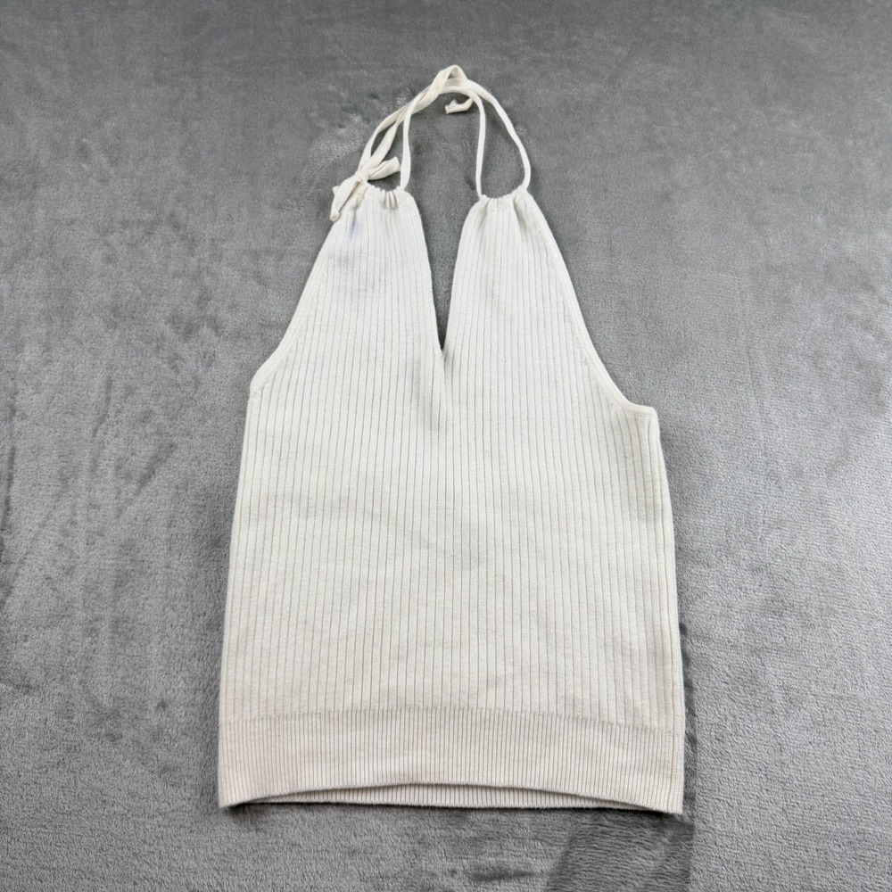 J.Crew White Ribbed Knit Halter Top Womens XS Deep V-Neck Sleeveless Summer Tank